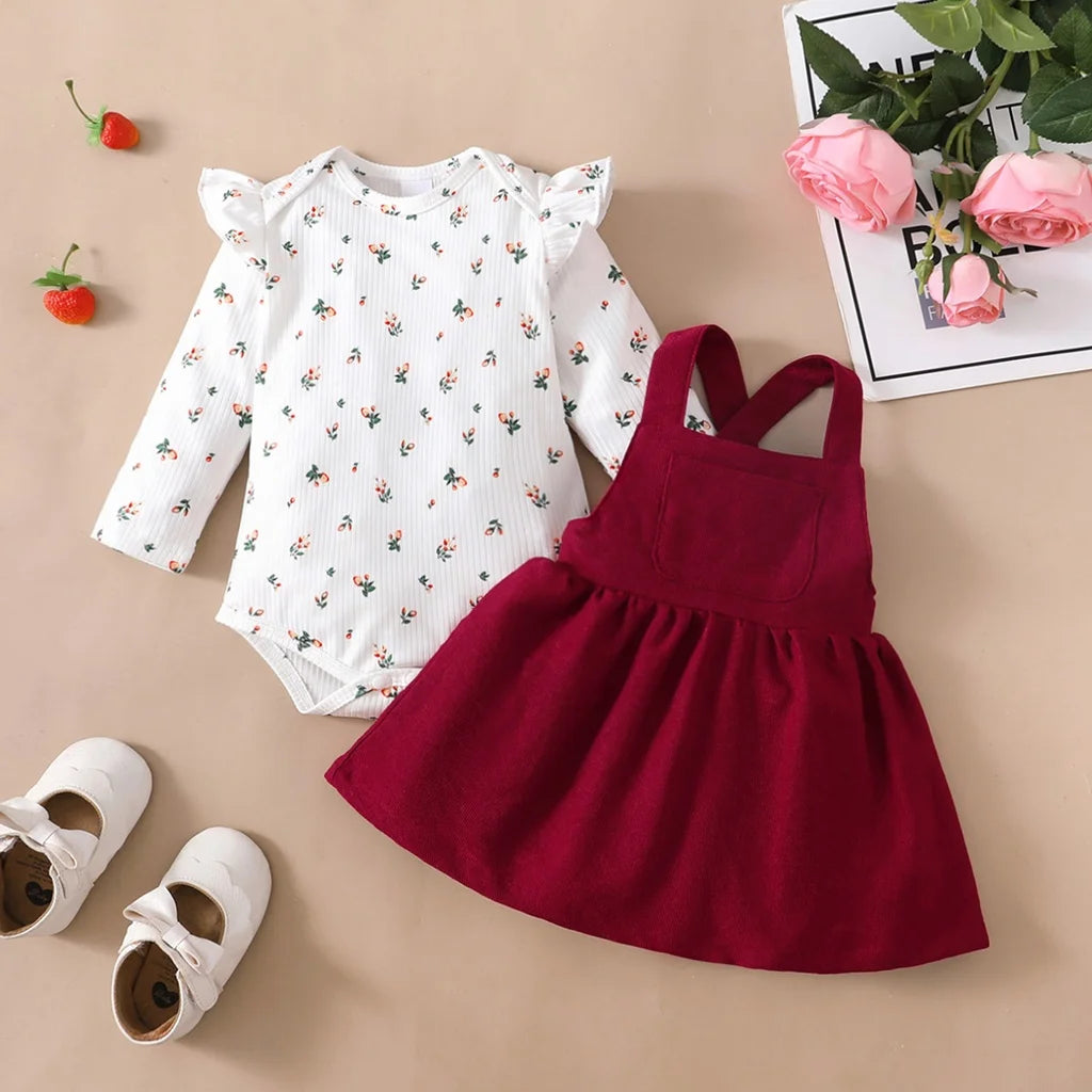 2-teiliges Neugeborenen-Baby-Geburtstags-Prinzessinnenkleid-Set Langarm-Strampler + roter Trägerrock für kleine Mädchen 0-18 Monate Neujahrs-Outfits