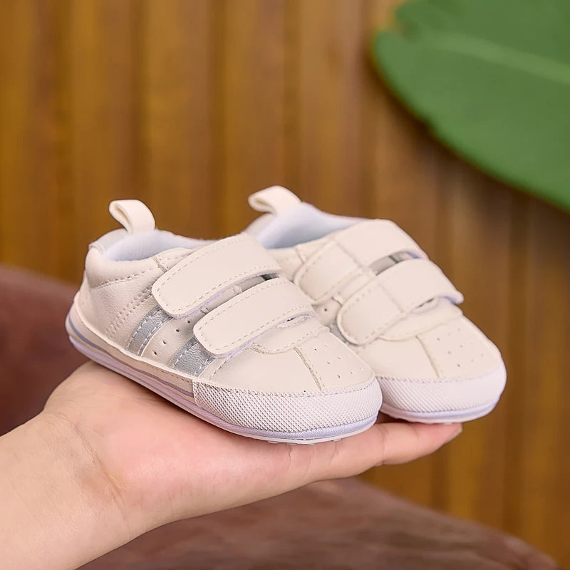 Suitable for Spring and Autumn, Indoor and Outdoor Use, Baby Boy and Girl Walking Shoes, Two-Color Stripe Decoration, Pu with Two Velcro Straps, Rubber Sole, Casual Fashion Sneakers for 0-1 Year Old Babies