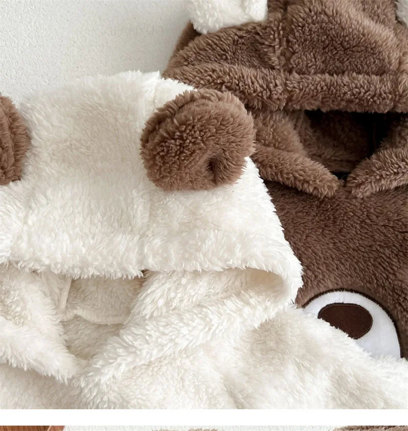 Baby Clothing Autumn Winter Cute Hooded Cartoon Bear Baby Crawling Clothes Pajamas Warm Double-sided Plush Jumpsuit Trousers Set