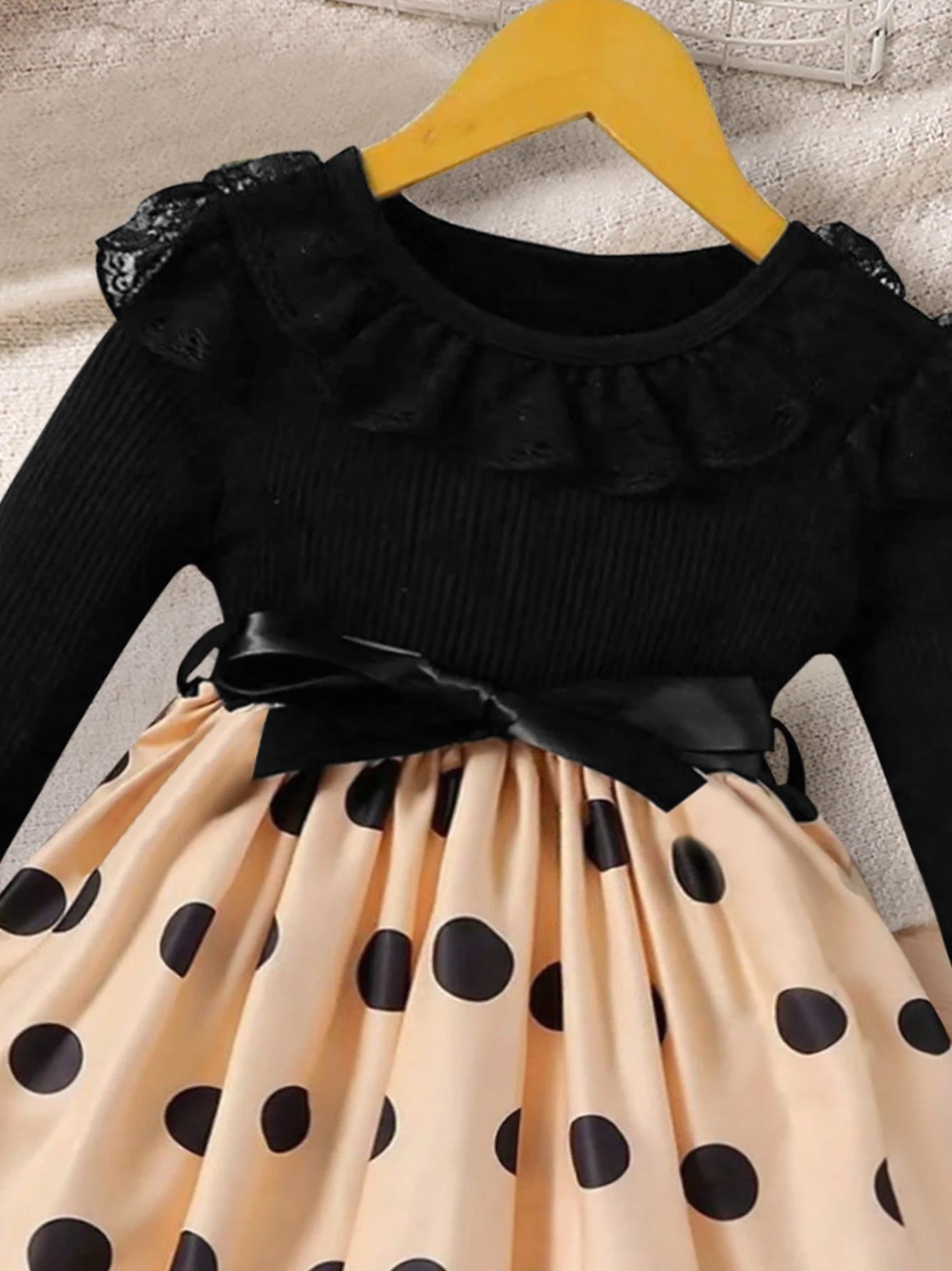 Baby Girl's Elegant Spring and Autumn Dress, Baby Girl's Lace Mesh Edge Round Neck Soft Long-Sleeve Patchwork Polka Dot All-Over Print Mid-Length Dress, Toddler Outdoor Elegant and Comfortable Clothing, Baby's Daily Outing Si