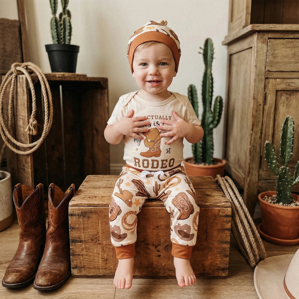 Baby Boy's Western Clothing Sets Fashionable Booties Print Short Sleeve Romper with Pants Hat 3Pcs Outfits