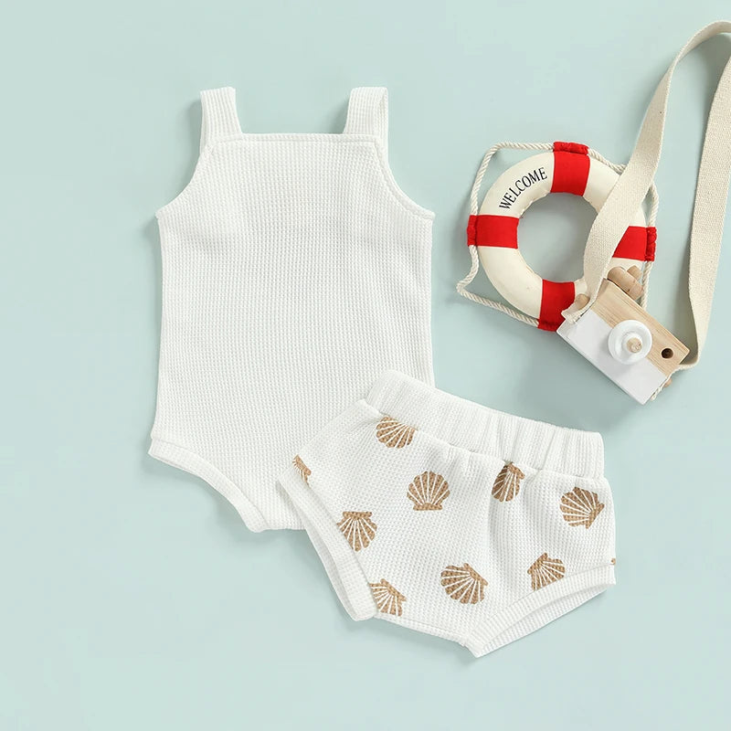 Conjuntos de ropa de verano para bebés de 0 a 18 meses, para niños y niñas, estampado de conchas, tirantes, botones, cuadros, monos de punto + pantalones cortos, chándales