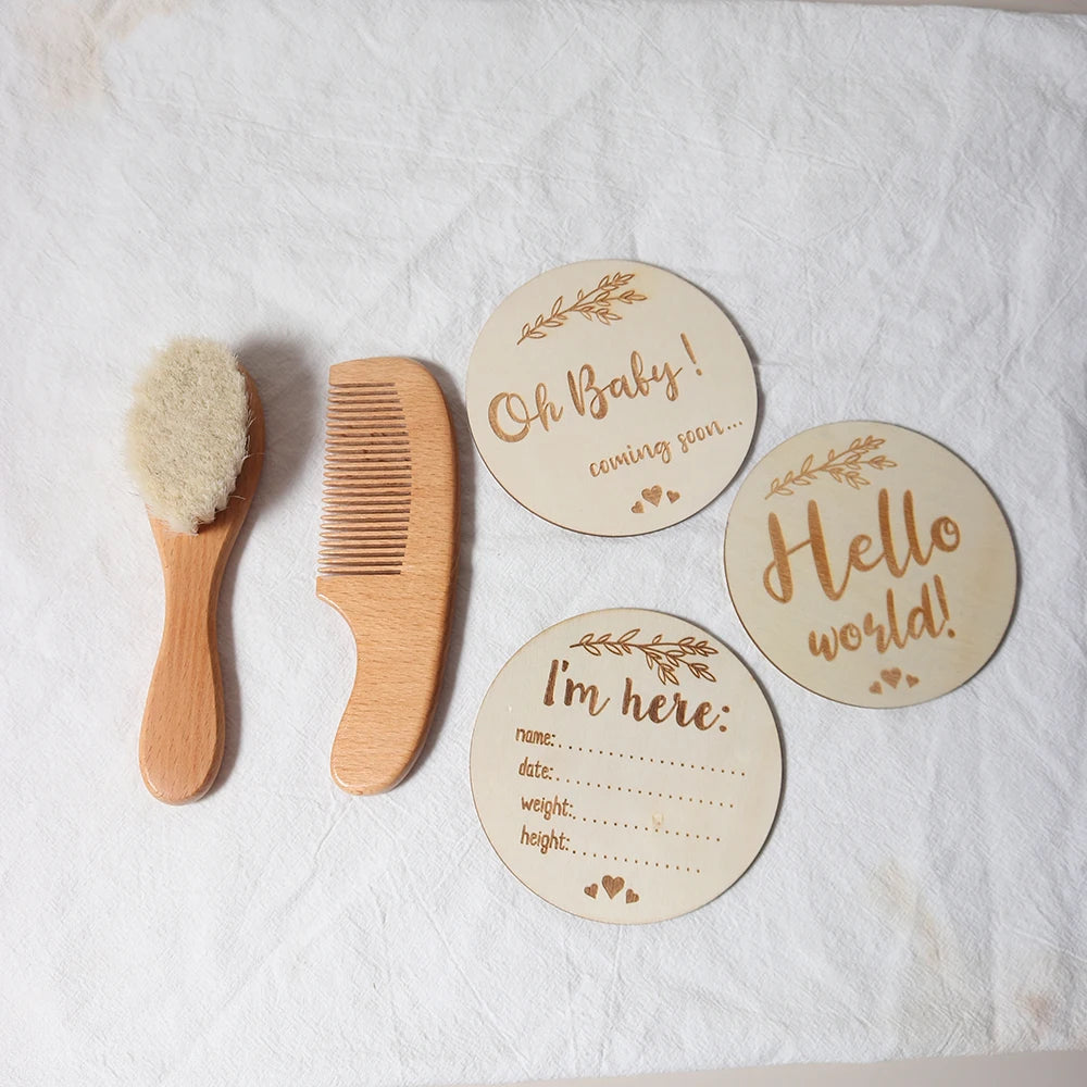 Baby Comb Brush Set Newborn Gift Set Natural Wool Beech Wooden Comb Baby Bib Pacifier Clip Kids Baby Hair Brush