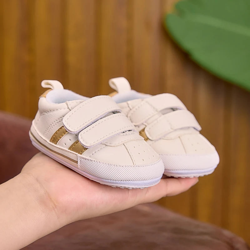 Suitable for Spring and Autumn, Indoor and Outdoor Use, Baby Boy and Girl Walking Shoes, Two-Color Stripe Decoration, Pu with Two Velcro Straps, Rubber Sole, Casual Fashion Sneakers for 0-1 Year Old Babies