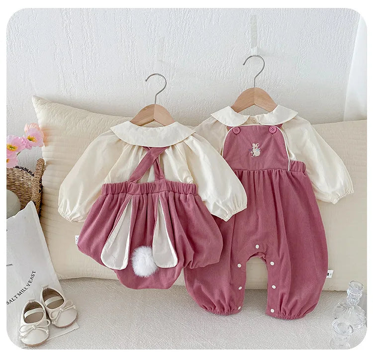 Baby Girl Two Piece Set Newborn Autumn Korean Children Clothing Baby Girls Solid Color Shirt Suspender Pants Cute Clothing