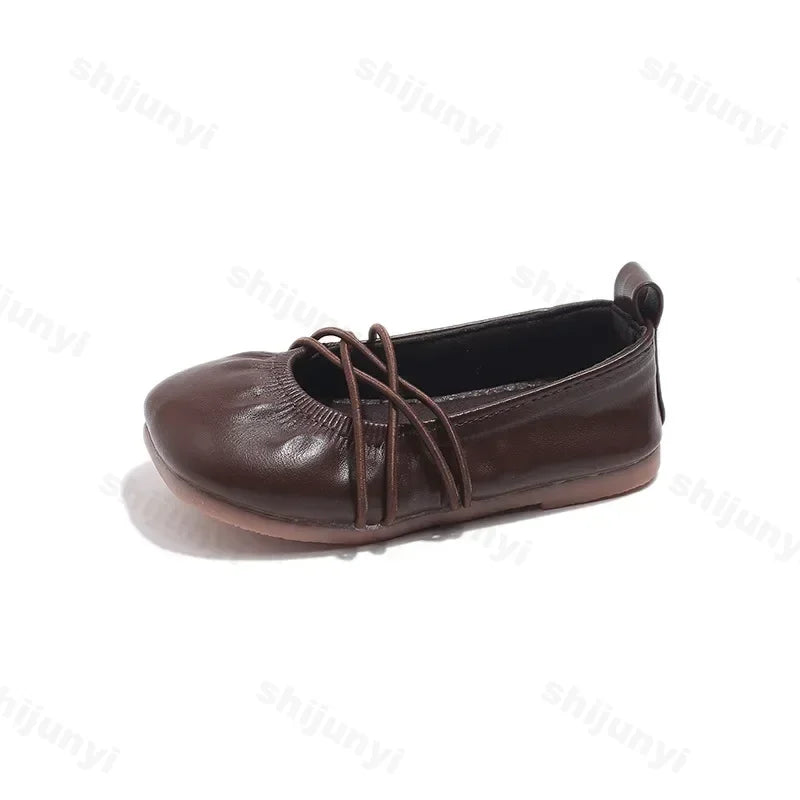 Baby Girls Leather Shoes Soft Princess Ruffles Pleated Mules Kids Casual Flats Slip-on 2025 Autumn New Children's Dress Shoes