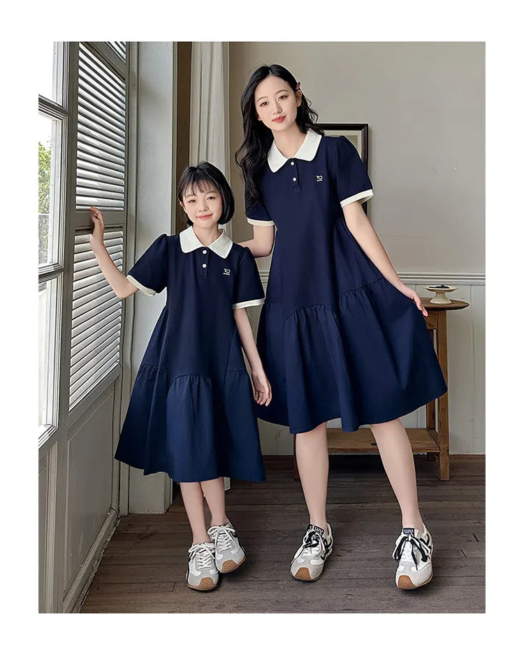 Summer Family Matching Polo Dress for Mother and Daughter Look Casual Clothes Mom and Me Matching Outfits Women Girl Dresses