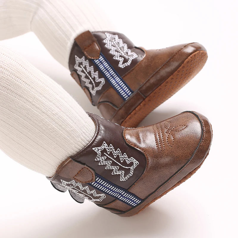 Leather Western Boots Cowboy Bootie Soft Sole Non-Slip Crib Shoes for Baby Infant Toddler Girls Boys Newborn
