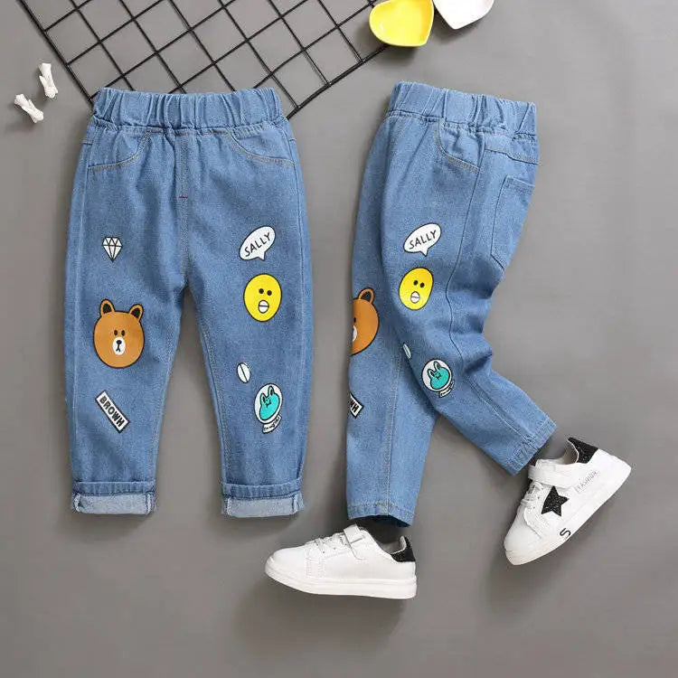 Jeans de niños de primavera otoño, pantalones vaqueros elásticos de algodón con estampado empalmado, pantalones de mezclilla coreanos para adolescentes, ropa infantil