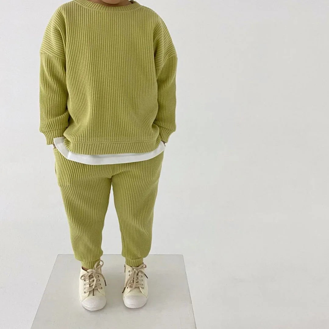 Ropa de bebé niña Conjuntos de ropa de algodón para otoño Tejido Mock 2 piezas Algodón Waffle Niños Conjuntos de ropa de niño Chándal Tops+Pantalones Coreano