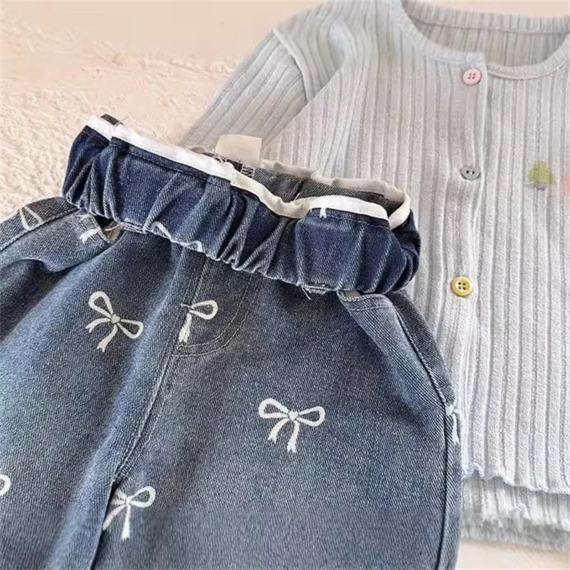 Girls Spring Autumn Jeans New Children Fashion Print Bow Loose Pants Kids Trends Wide Leg Trousers  Baby Casual Baggy Clothing