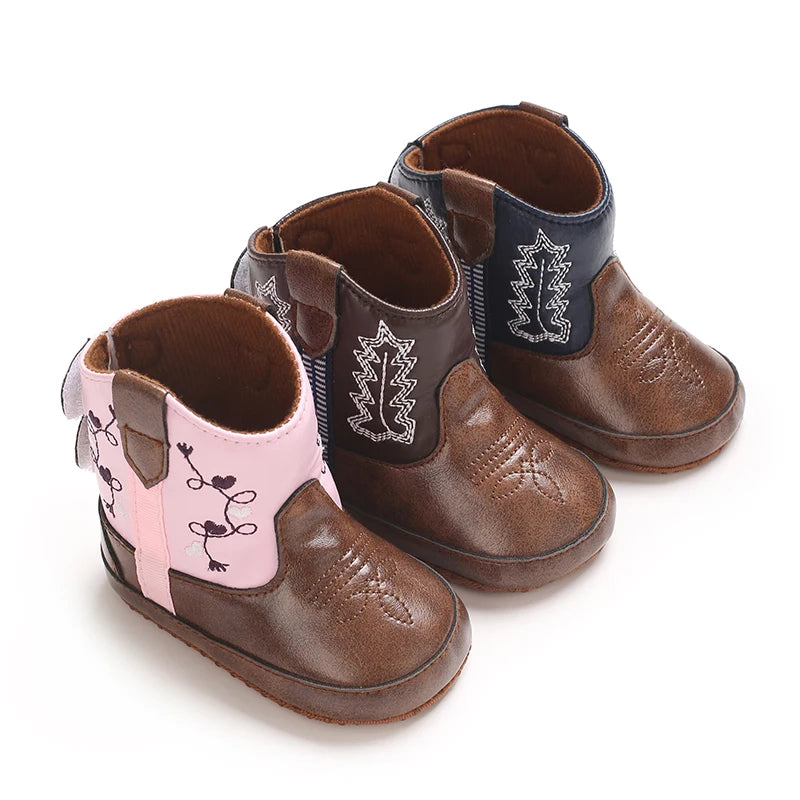 Leather Western Boots Cowboy Bootie Soft Sole Non-Slip Crib Shoes for Baby Infant Toddler Girls Boys Newborn