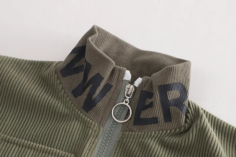 Childrens Clothing 2024 New Baby Spring Clothes for Kids Boys and Girls Letter Standing Collar Corduroy Jackets Pants Outfit Set