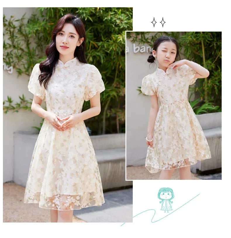 Mother Daughter Matching Dresses Vintage CheongsamGirl Daily Wear Retro Floral Dress Princess Gown Summer Outfit Mommy and