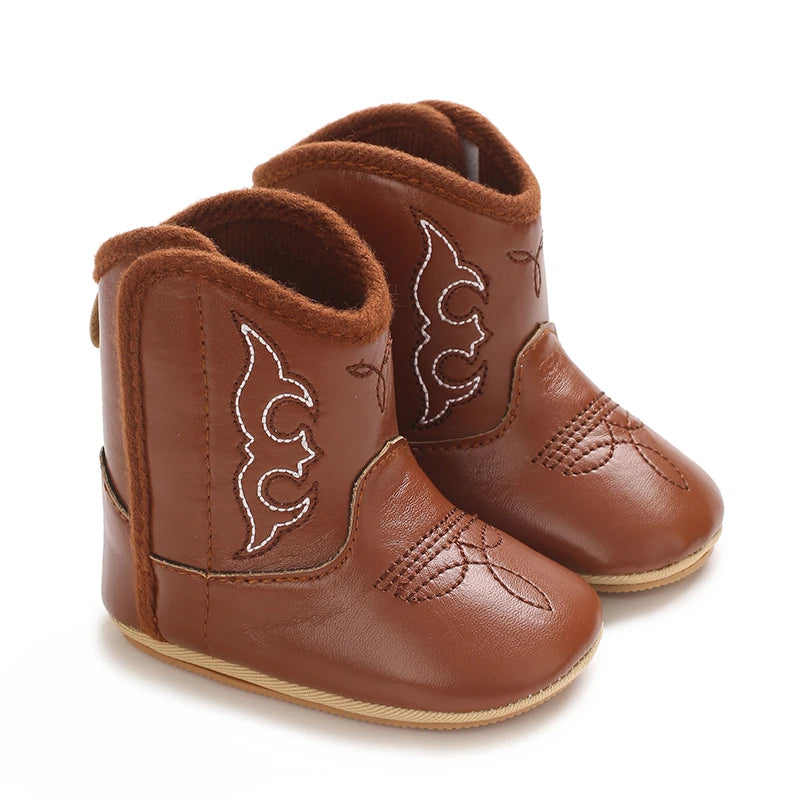 Leather Western Boots Cowboy Bootie Soft Sole Non-Slip Crib Shoes for Baby Infant Toddler Girls Boys Newborn