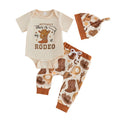 Baby Boy's Western Clothing Sets Fashionable Booties Print Short Sleeve Romper with Pants Hat 3Pcs Outfits
