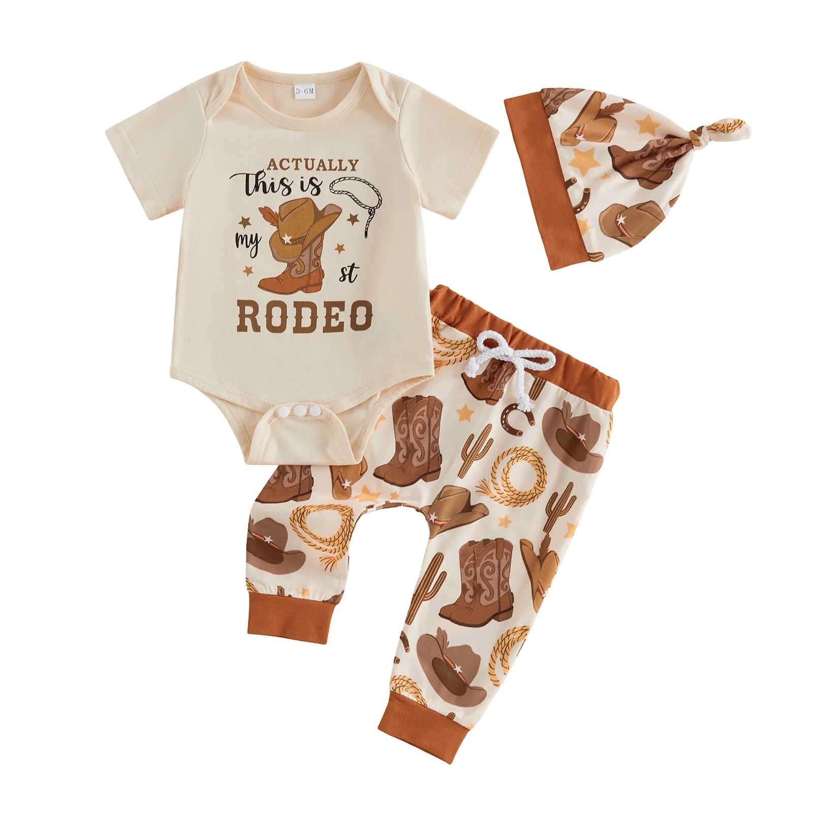 Baby Boy's Western Clothing Sets Fashionable Booties Print Short Sleeve Romper with Pants Hat 3Pcs Outfits