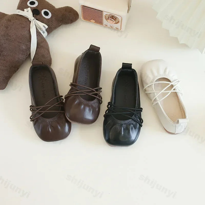 Baby Girls Leather Shoes Soft Princess Ruffles Pleated Mules Kids Casual Flats Slip-on 2025 Autumn New Children's Dress Shoes