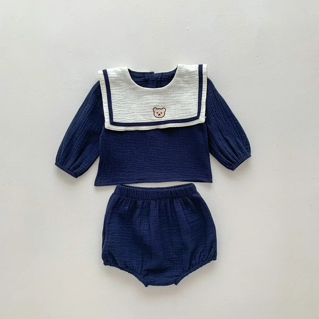 Neu im Herbst Kinder Baby Mädchen Langarm Marineführer Bären Oberteil T-Shirts + einfarbige Shorts Kleinkind Baby Baumwoll-Kleidungsset 2tlg.