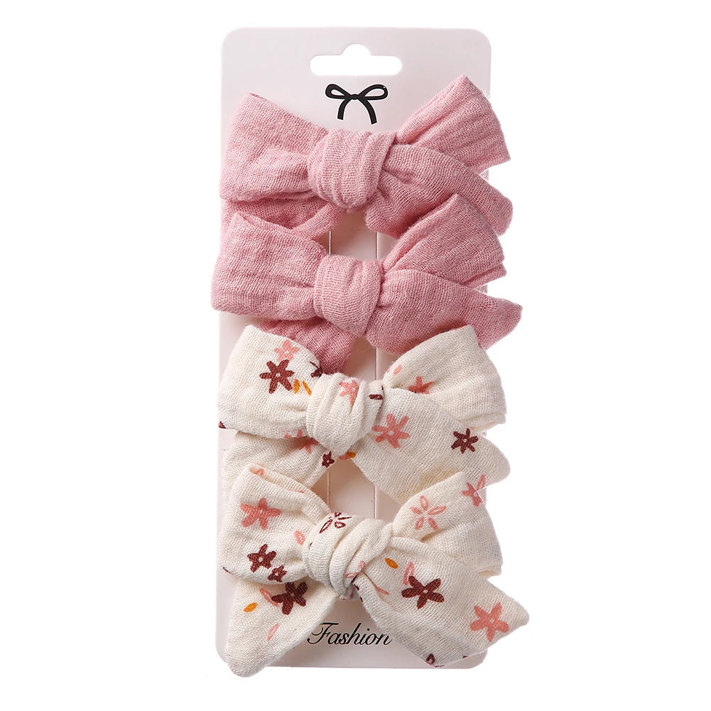 4Pcs/Set Baby Bows Hair Clips Muslin Girls Hairpins Hairclip For Kids Cotton Linen Barrette Flower Print Side Pin  Accessories