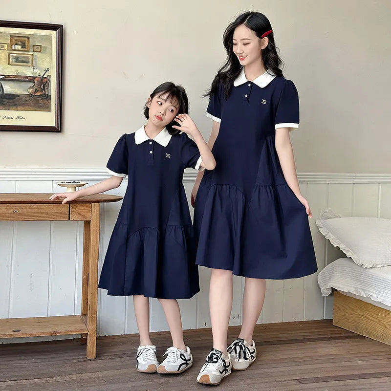 Summer Family Matching Polo Dress for Mother and Daughter Look Casual Clothes Mom and Me Matching Outfits Women Girl Dresses
