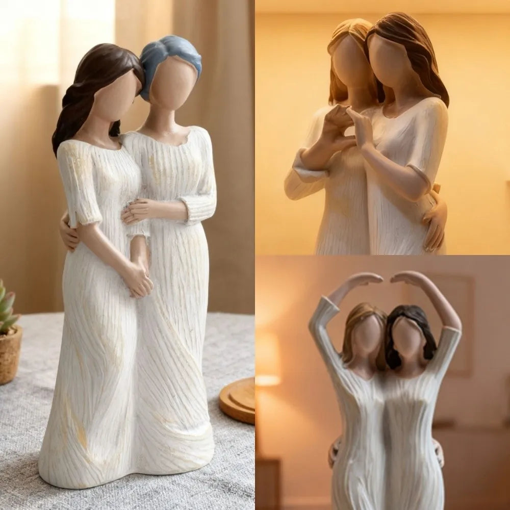 Sister Mother and Daughter Statue Resin Craft Hand-Painte Mom Daughter Finger Heart Sculptures Modern Elegant Family Sculpture