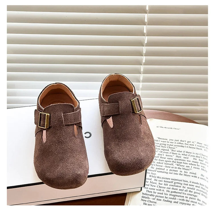 Baby Single Leather Shoes Boys Girls Candy Color Spring Flats Children Metal Buckle Design Genuine Leather Flats For School