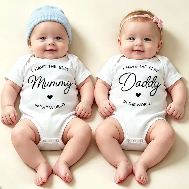 Funny "I Have The Best Daddy Mommy in The World "Letters Printed Baby Bodysuits Summer Newborn Boys Girls Romper Twin's Onesies