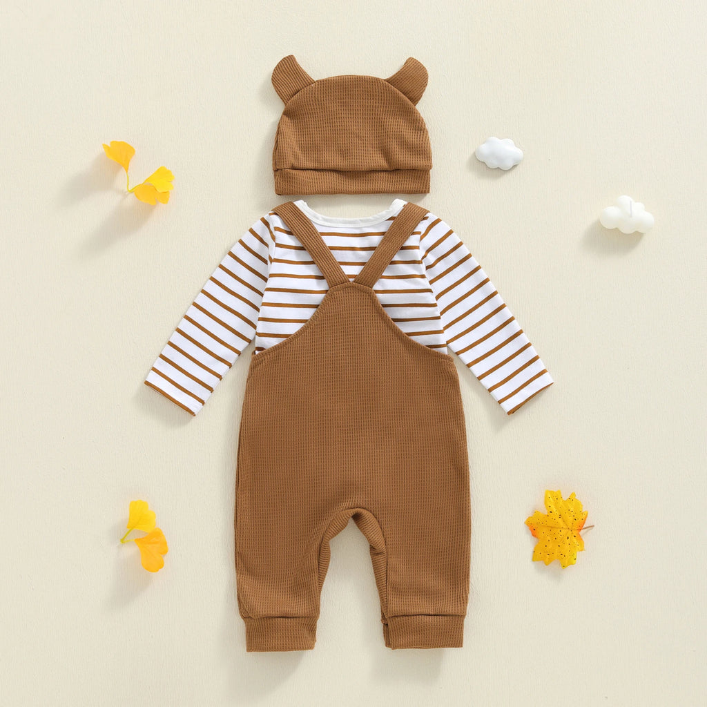 Tregren 0–18 Monate Baby Jungen Bekleidungssets Modischer Langarm gestreifter Strampler mit Tiger bestickter Latzhose und Hut