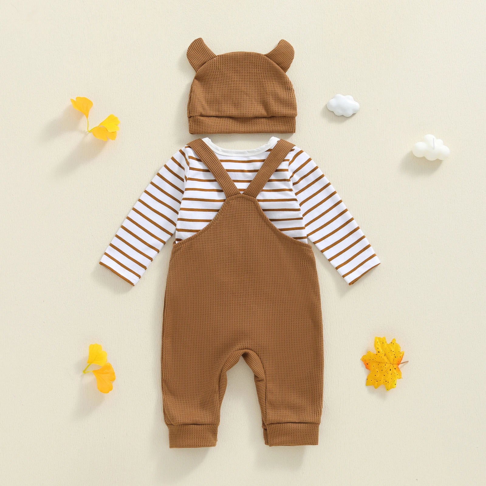 Tregren 0–18 Monate Baby Jungen Bekleidungssets Modischer Langarm gestreifter Strampler mit Tiger bestickter Latzhose und Hut