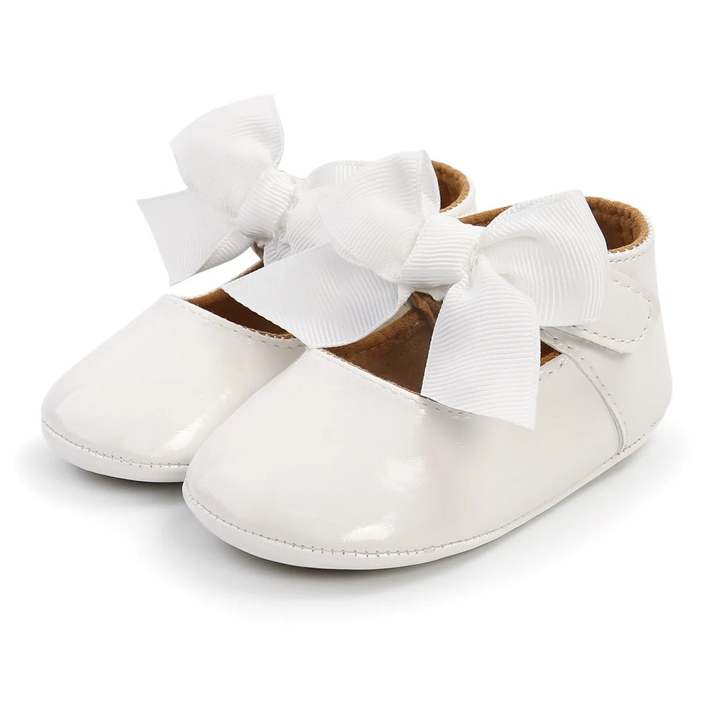 Bailarinas con nudo de lazo para bebé, suela de goma antideslizante, zapatos de PU para primeros pasos, zapatos de vestir para cuna de bebé