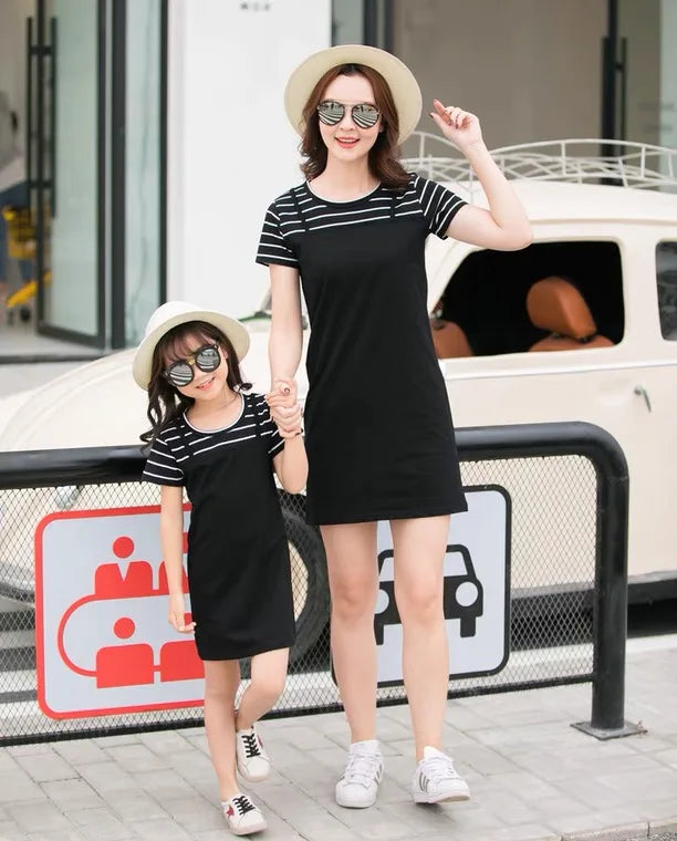 Mommy and Me Dress Family Fashion Summer Set Clothes for Mother  Daughter Stripe Sports Skirt Set Matching Mother Daughter Outfi