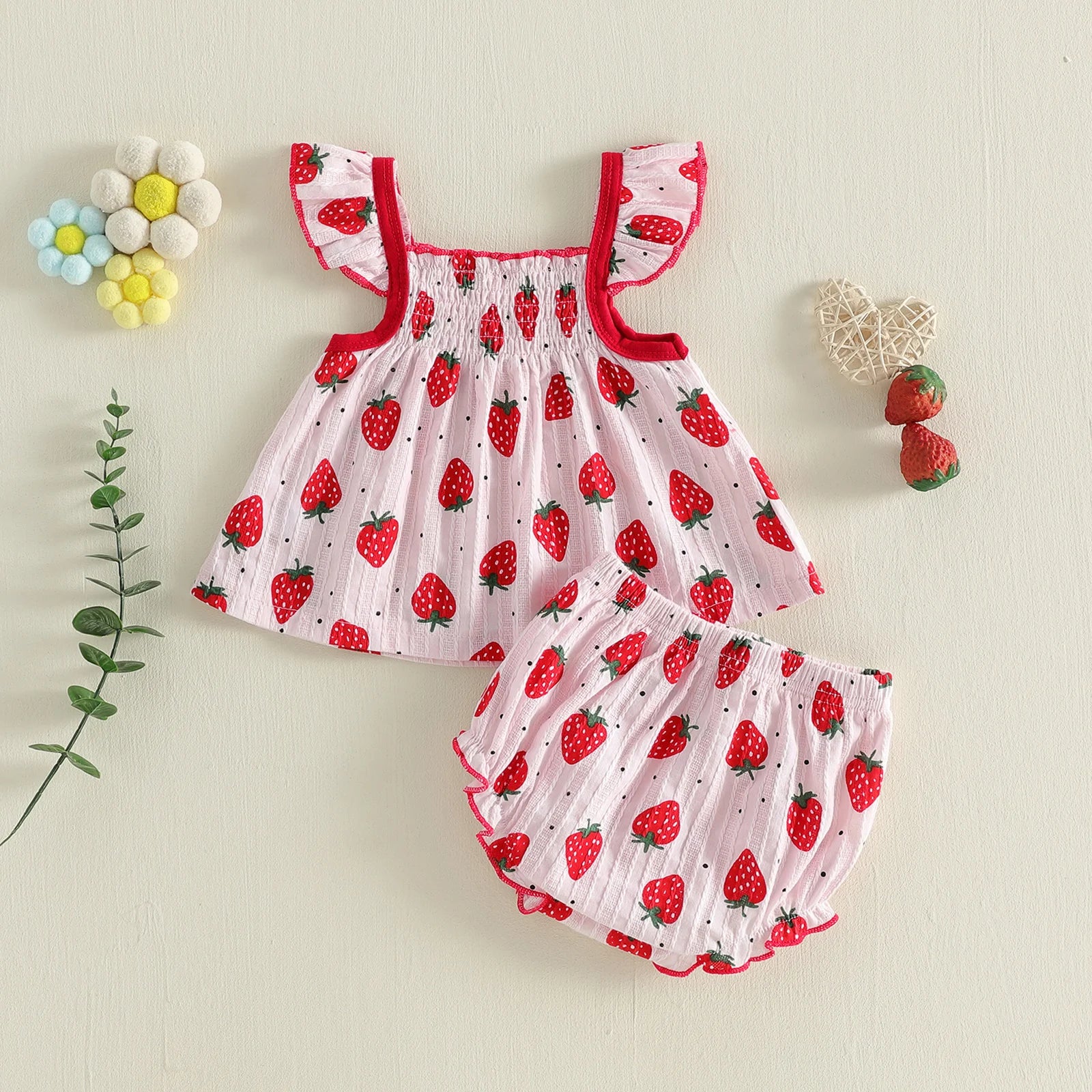 Conjunto de ropa para bebés de verano para niñas, lindo estampado de puntos, camisetas de manga voladora, pantalones cortos, atuendo