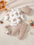 Newborn 4pcs Baby boy Bear printed Bodysuit+Pants+Hat+Socks Set Suitable for Babies 0-9 Months Spring Autumn Fashionable Set