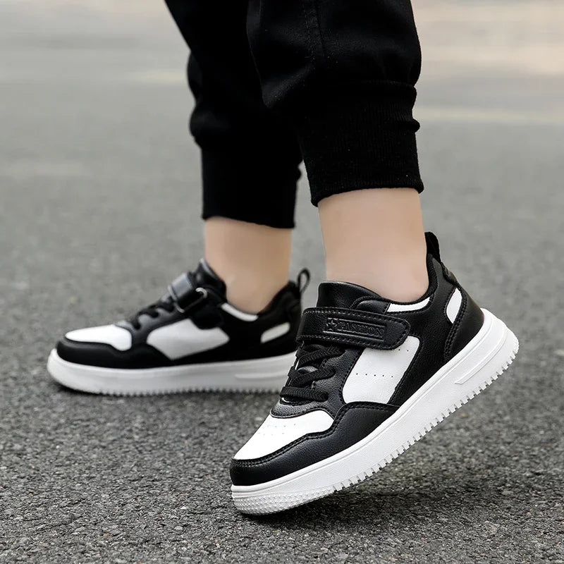 Boys Shoes Sneakers Leather Children Comfortable Flat Shoes Black White Shoes for Kids Girls School Walking Footwear Non Slip