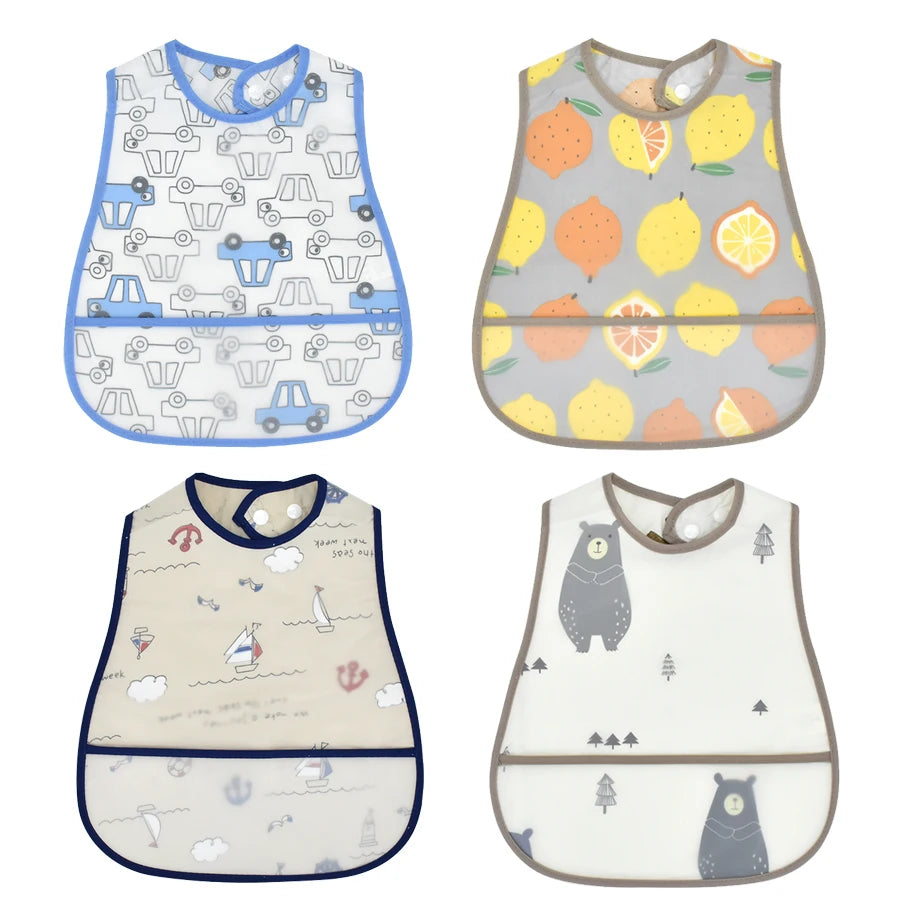 4Pcs/Set Cute Cartoon Pattern EVA Baby Bibs Adjustable Dirt Proof Waterproof Baby Bibs Big Pocket Burp Cloths for Girls Boys
