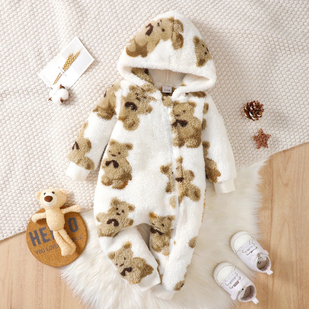 Mono de felpa de invierno para bebé niña, a la moda, casual, bonito estampado de oso de dibujos animados, con cremallera inclinada y capucha, de manga larga