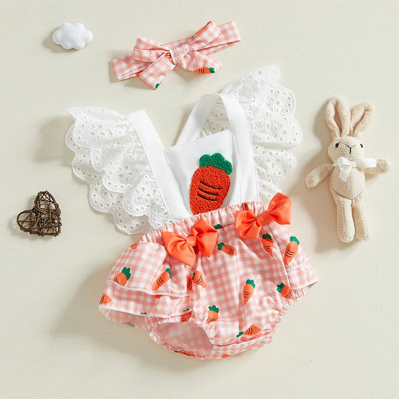 VISgogo Conjuntos de Pascua para Bebé Niña: Bodysuit Calado sin Mangas Cuello Cuadrado con Estampado de Zanahorias y Diadema con Lazo