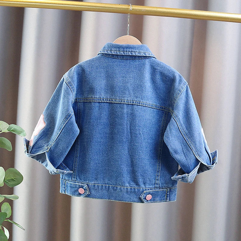 Lovely Style Babi Girls Casual Blue Denim Jacket Coat with Bow Embroidery Kids Child Fashion Spring Autumn Streetwear Outfit