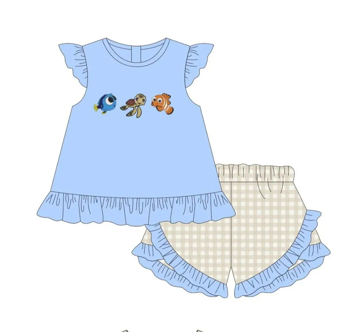 Cartoon Boutique Clothe Baby Romper Green Plaid Fishes BoysGirls Sets Print Toddler Girls Clothing Children Summer Sets
