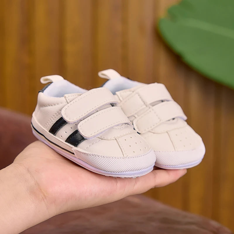 Suitable for Spring and Autumn, Indoor and Outdoor Use, Baby Boy and Girl Walking Shoes, Two-Color Stripe Decoration, Pu with Two Velcro Straps, Rubber Sole, Casual Fashion Sneakers for 0-1 Year Old Babies
