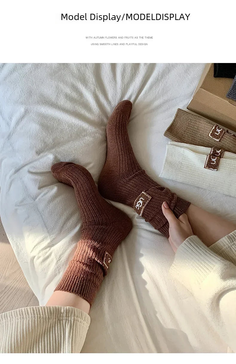 1/3 pares de calcetines de invierno gruesos y cálidos, de color liso, a media pantorrilla, casuales para mujer con logotipo bordado, calcetines de pila para climas fríos