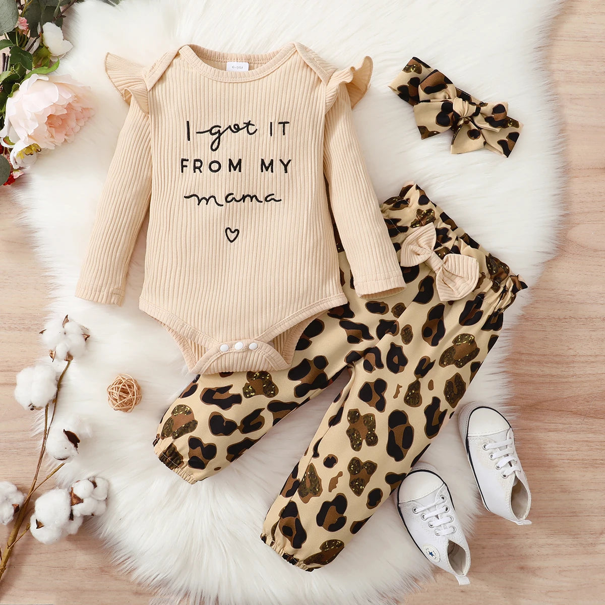 Conjunto de ropa para bebé recién nacido de 0 a 18 meses, body de manga larga + pantalones de leopardo + diadema, 3 piezas, atuendos de otoño a la moda para niña pequeña