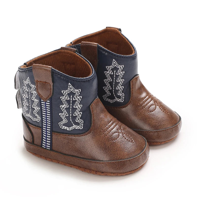 Leather Western Boots Cowboy Bootie Soft Sole Non-Slip Crib Shoes for Baby Infant Toddler Girls Boys Newborn