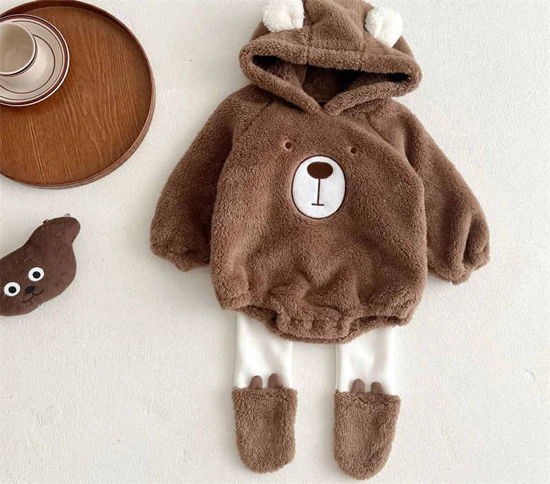 Baby Clothing Autumn Winter Cute Hooded Cartoon Bear Baby Crawling Clothes Pajamas Warm Double-sided Plush Jumpsuit Trousers Set