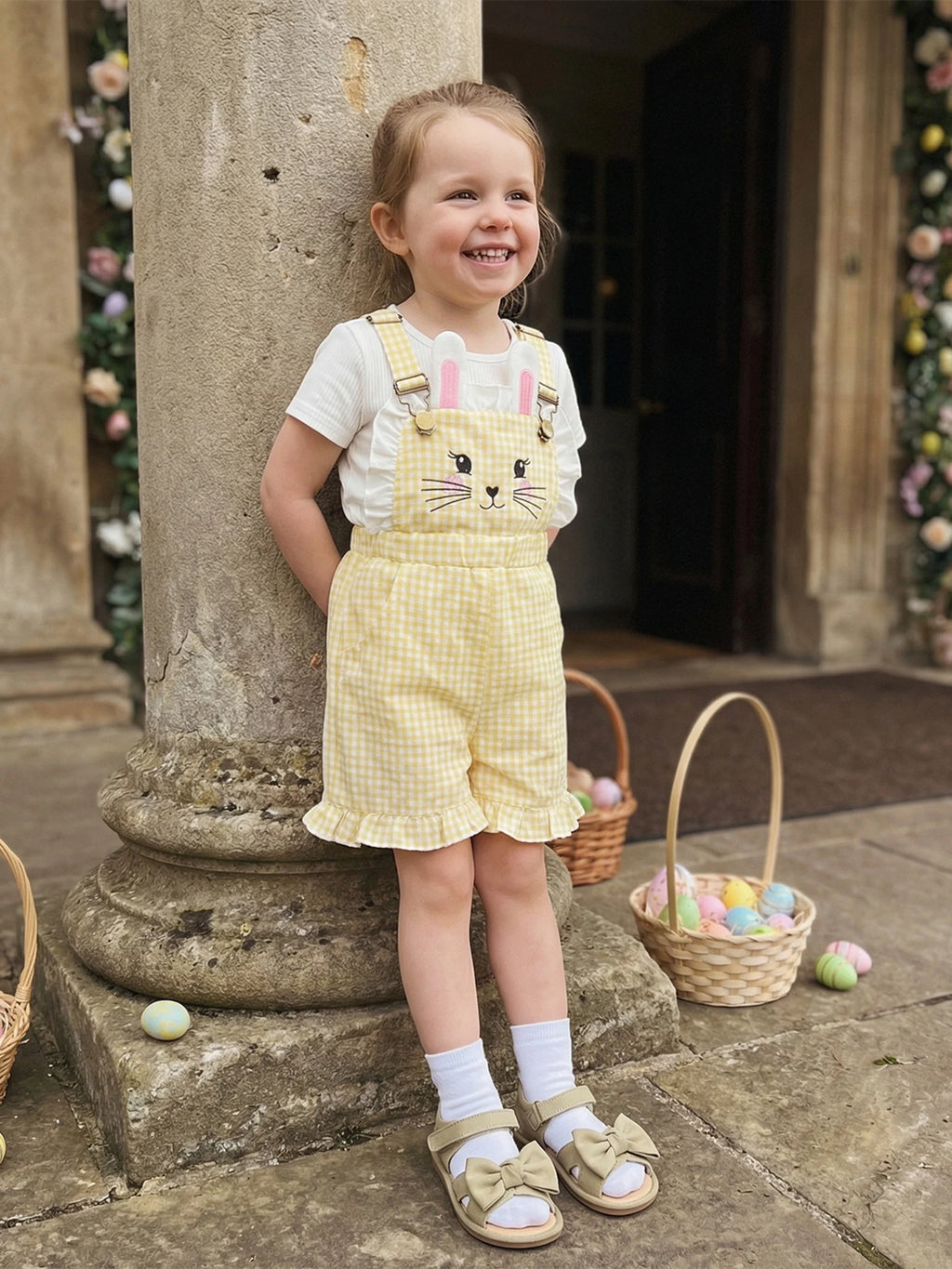 Kinder Mädchen Hasen Overall mit Taschen Niedlicher Hase Rüschenbesatz Ärmelloser Jumpsuit Shorts für Ostern