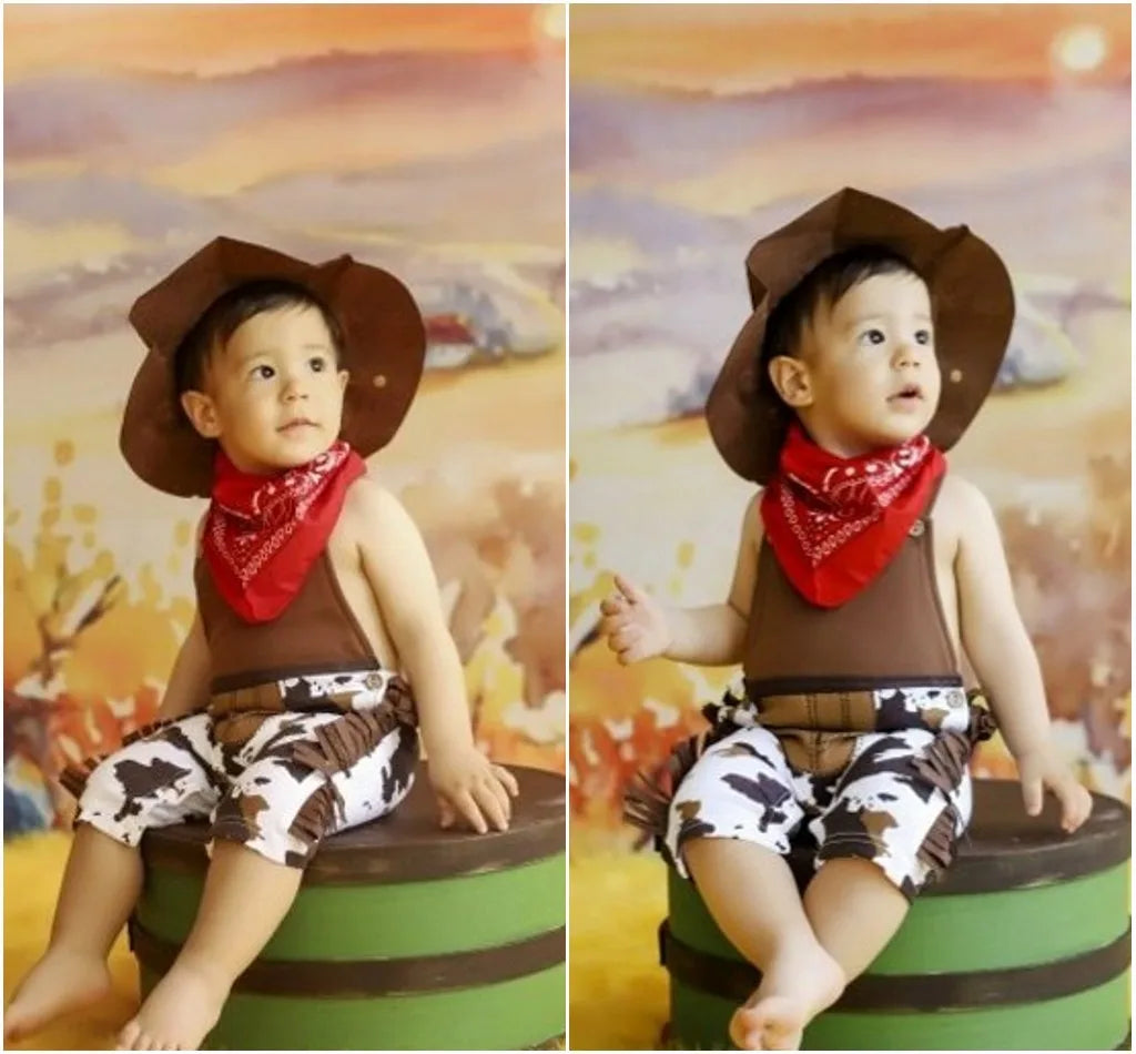Ropa de bebé, disfraz de vaquero, conjunto de 3 piezas para bebé y niño pequeño: sombrero, bufanda, pelele, trajes de cumpleaños, vacaciones, cosplay
