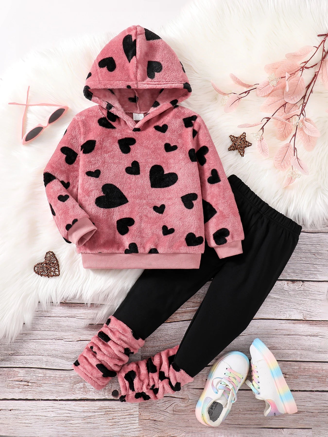 Frühling und Winter Mädchenmode Zuhause Freizeit 2-teilig Micro-Stretch warm bequem liebe Plüsch Kapuzenoberteil + Stretch-Leggings