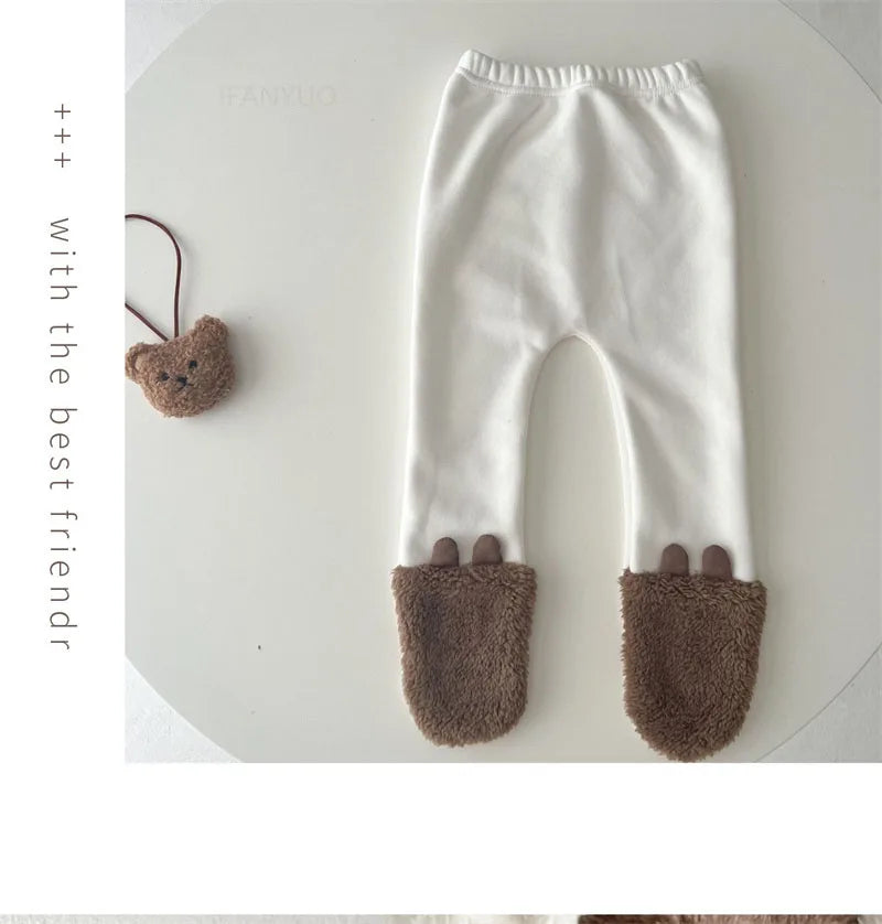 Baby Clothing Autumn Winter Cute Hooded Cartoon Bear Baby Crawling Clothes Pajamas Warm Double-sided Plush Jumpsuit Trousers Set