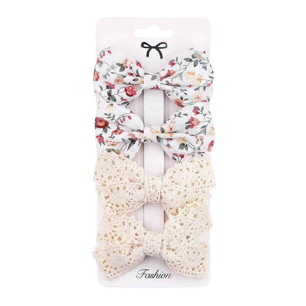 4Pcs/Set Baby Bows Hair Clips Muslin Girls Hairpins Hairclip For Kids Cotton Linen Barrette Flower Print Side Pin  Accessories